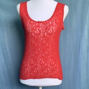 Red Lace Sheer Floral Camisole Tank Top for Women with Bow Accent